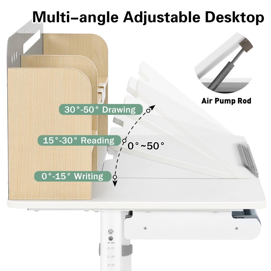 COSVALVE 39in Wide Adjustable Height Kids Desk with Tilting Desktop, Steel Frame, Drawer, and Bookshelf Hutch, Study Child Table for Ages 3-12, Grey COSVALVE