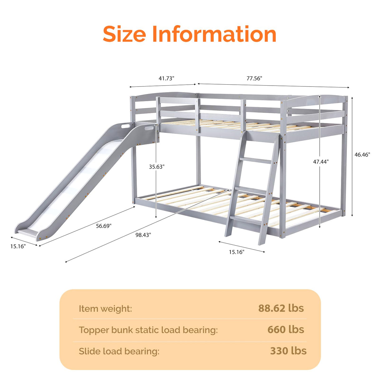 JOYMOR Bunk Bed with Curved Slide, Bunk Bed Twin Over Twin, Toddler Bunk Bed with Slide and Angled Ladder, Solid Pine Wood Slide Bed,14" Safety Guardrail, Anti-Slip Steps JOYMOR