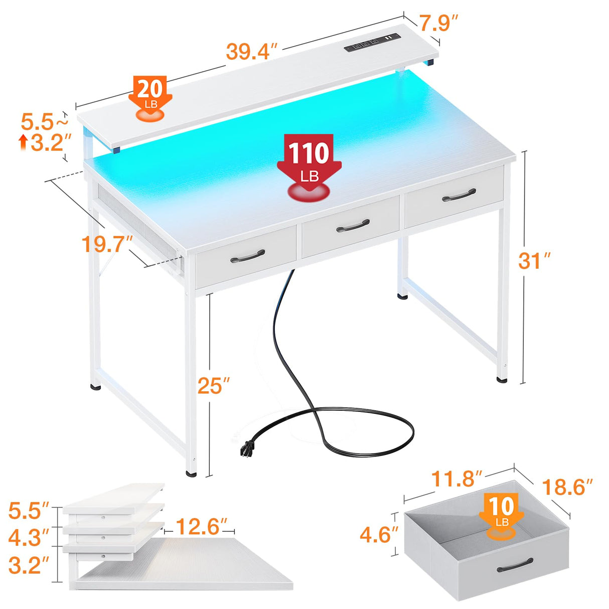 ODK 40 Inch Small Computer Desk with 3 Drawers and USB Power Outlets, Home Office Desks with LED Lights and Adjustable Monitor Stand, Work from Home, Modern Work/Writing/Study Table for Bedroom, White ODK