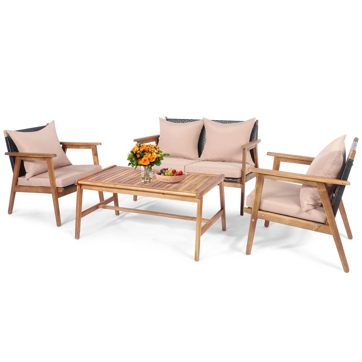 Tangkula 4-Piece Patio Furniture Set, Outdoor Acacia Wood Conversation Set with Cushions and Coffee Table, Outdoor PE Wicker Sectional Sofa Set for Garden, Poolside and Backyard (1, Beige) Tangkula