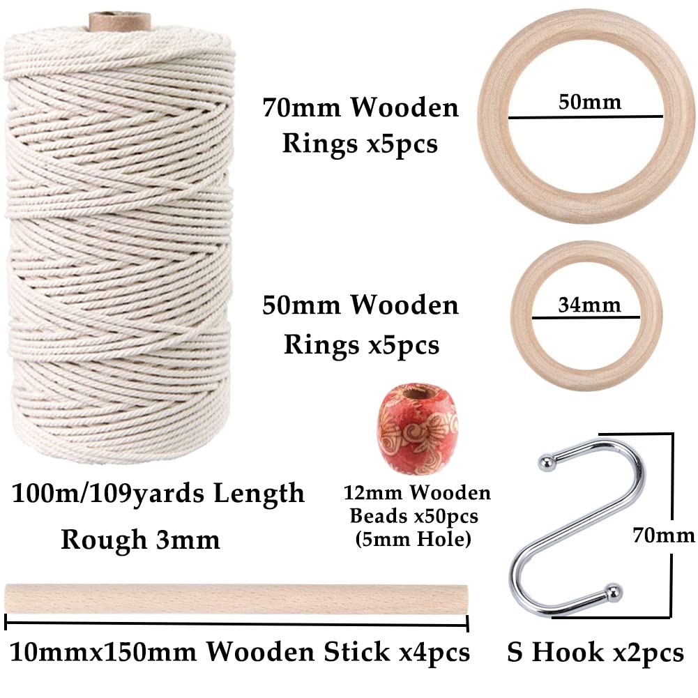 ZXCDINO 119pcs Macrame Kits for Starter 3mm x 109Yards Natural Cotton Macrame Cord with 100pcs Wooden Beads,10pcs Wooden Rings,Wooden Sticks,Metal Rings,S Hooks Macrame Supplies for Plant Hangers ZXCDINO