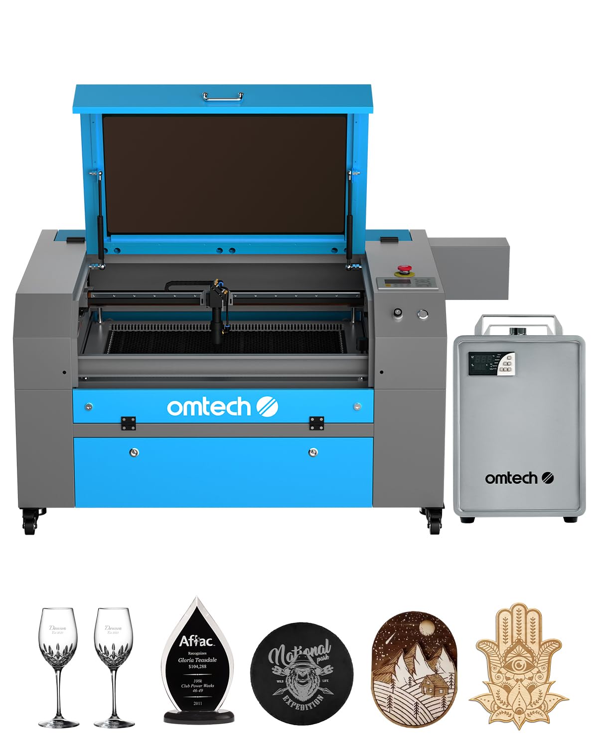 OMTech 80W CO2 Laser Engraver with Water Chiller, 20x28 Inch Laser Engraving Cutting Etching Machine with Autolift Autofocus 4 Way Pass Air Assist, Commercial Laser Cutter for Wood Glass Acrylic More OMTech