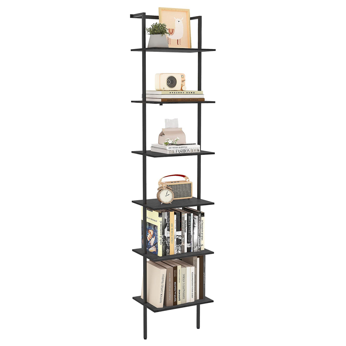 POBOMULI 6-Tier Ladder Shelf, 77 Inches Wall Mounted Ladder Bookshelf with Metal Frame, Wood Tall Open Storage Rack and Display Shelves for Home Office Bedroom Living Room, Black POBOMULI