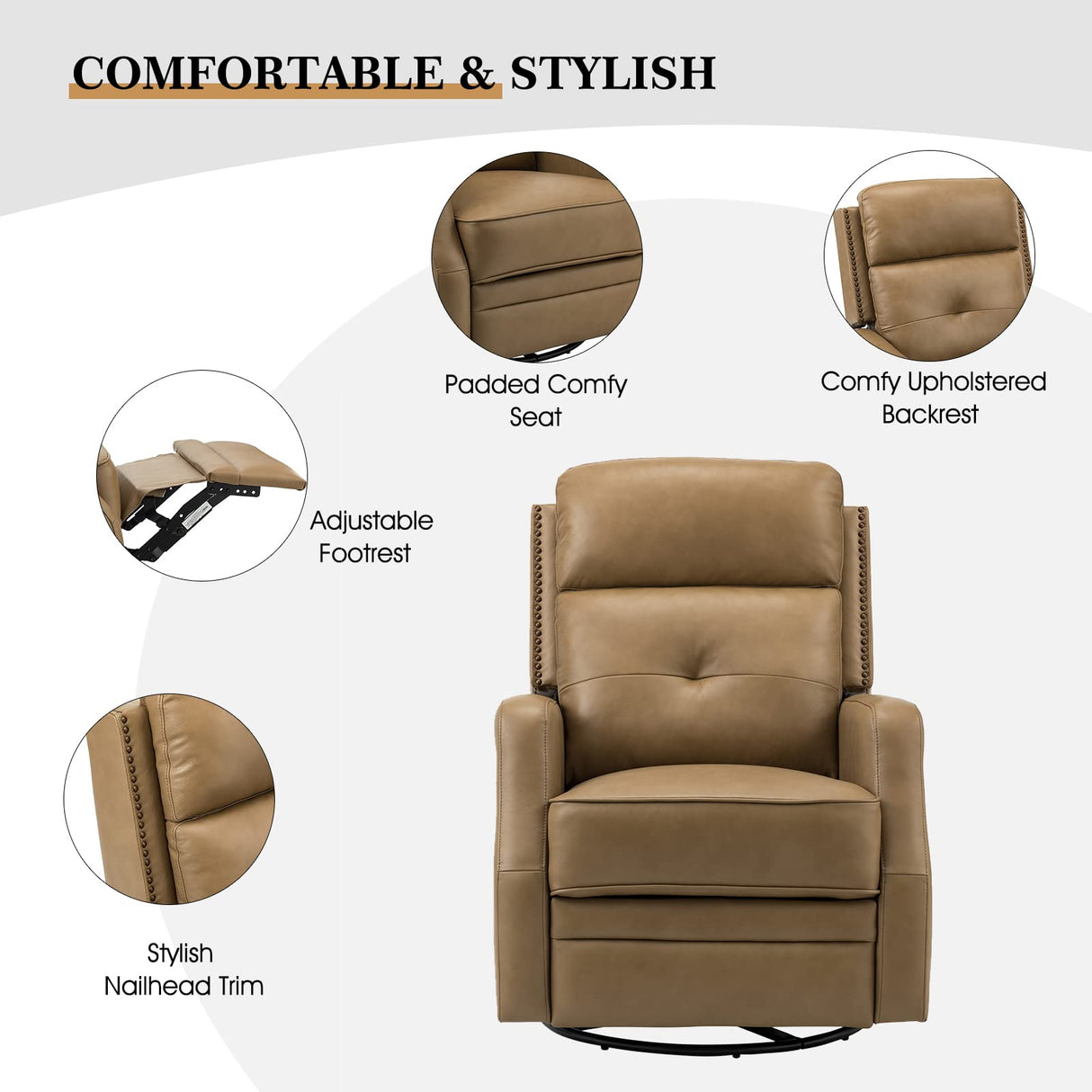 HULALA HOME Genuine Leather Swivel Rocker Recliners Set of 2 with Adjustable Backrest & Footrest, Manual Glider Recliners with 360° Swivel Base, Home Theater Sofa Chairs for Living Room, Taupe HULALA HOME