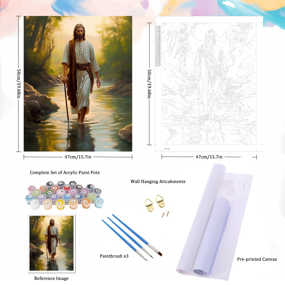 Natuyalo Paint by Numbers Kit for Adults Beginners and Kids, 16" Wx20 L Canvas Pictures Drawing Acrylic Paintwork with 3 Pcs Paintbrushes, Jesus Walking in The Rriver Natuyalo