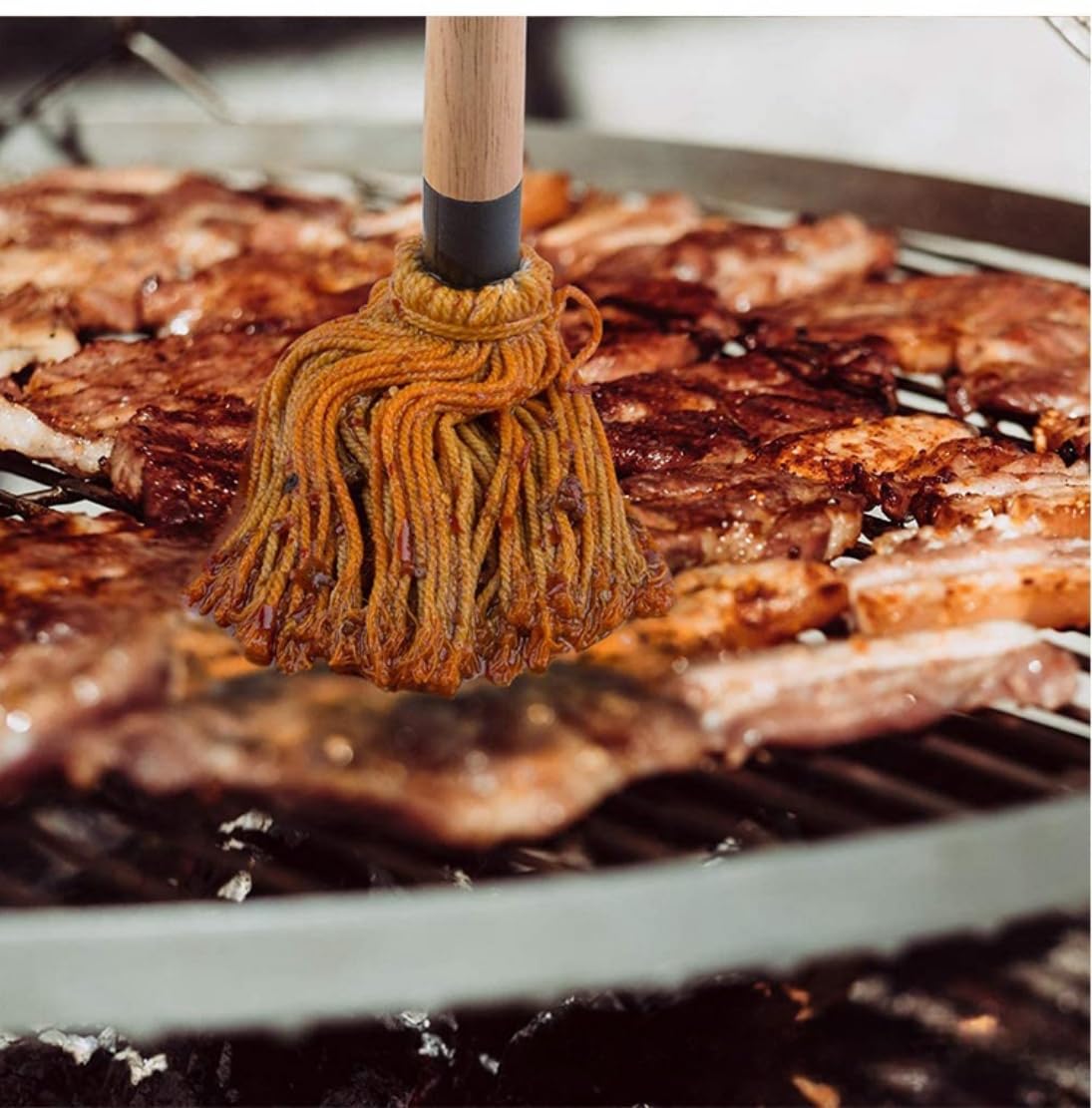 WHTCHSU 11.2 Inch Grill Basting Mop Wooden Long Handle with 1 Extra Replacement Heads for BBQ Grilling Smoking Steak WHTCHSU