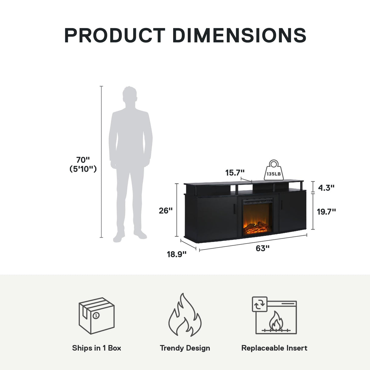 Ameriwood Home Carson Fireplace TV Stand for TVs up to 70 Inch, Replaceable Electric Fireplace Insert Heater, Realistic Log and Flame Effect, For Living Room or Bedroom, Black Ameriwood Home