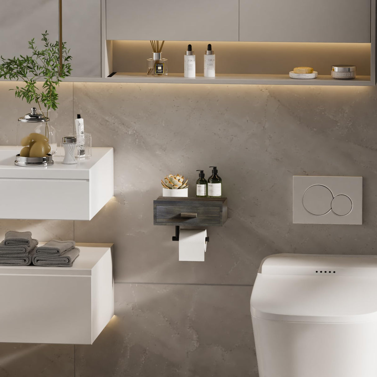 Toilet Paper Holder with Shelf,Wall Mount/Adhesive Rustic Farmhouse Toilet Paper Holder,Wipes Dispenser for Bathroom,Wood Toilet Roll Holder with Storage Drawer(Brown) SUNLOVING