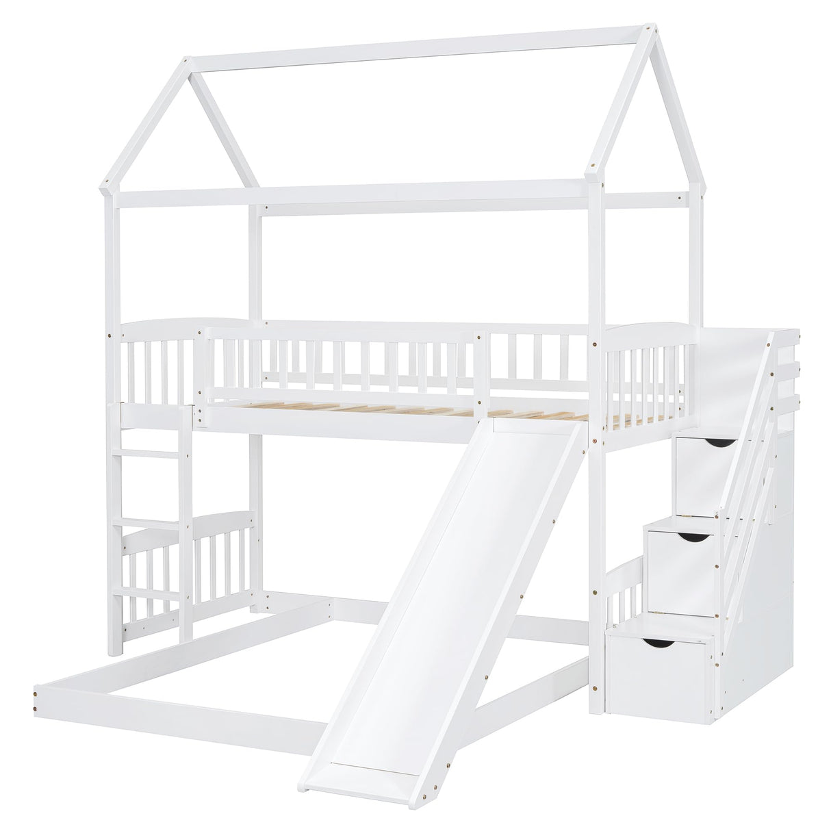 Bunk Bed with Slide, House Bunk Beds Twin Over Full Stairway Bunk Beds Playhouse Bunkbed with Storage for Kids Toddlers Girls/Boys, White Bellemave
