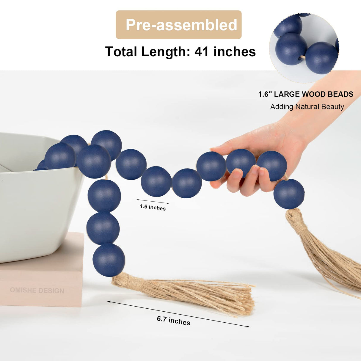 OMISHE Large Wood Bead Garland Navy Blue with 1.6" Diameter Wooden Beads and Tassels, Decorative Beads Decorations, 41" Long Rustic Farmhouse Country Wood Beads Garland for Home Wooden Decor Navy Blue OMISHE