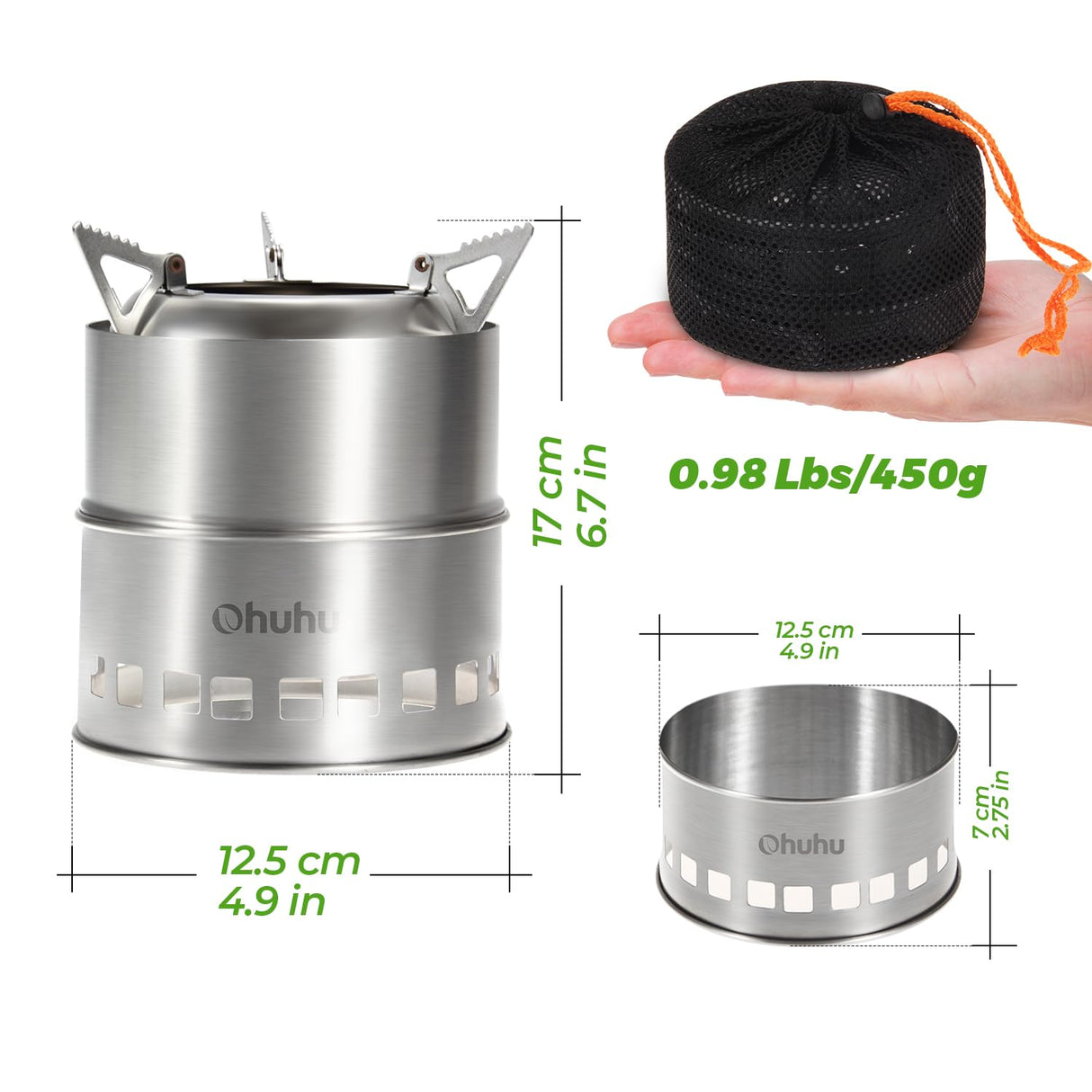 Camping Stove, Ohuhu Camp Stove Wood Burning Stove Stainless Steel Stoves Mini Portable Stove for Camping Picnic BBQ Backpacking Hiking Survival Emergency Cooking Outdoor with Grill Grid Carry Bag Ohuhu