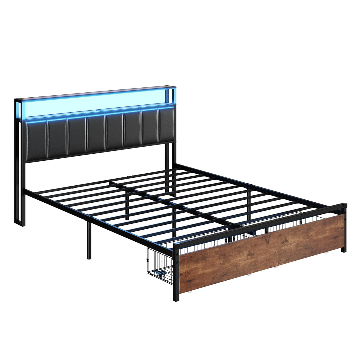 AMERLIFE LED Bed Frame with Drawers, Full Platform Bed Frame with 2-Tier Storage & Leather Upholstered & Charging Station Headboard, No Box Spring Needed, Noise Free, Easy Assembly, Black AMERLIFE