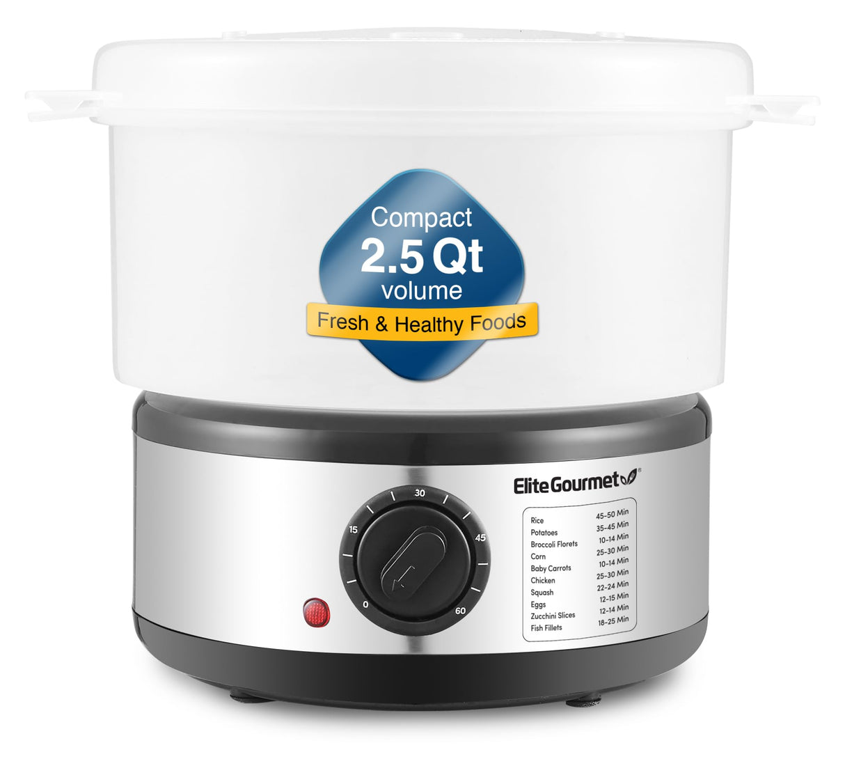 Elite Gourmet EST250 2.5 Quart Electric Compact Mini Food Vegetable Steamer, 400W with BPA-Free Tray, Auto Shut-off 60-min Timer, Veggies, Seafood, Chicken, Egg Cooker and more Elite Gourmet