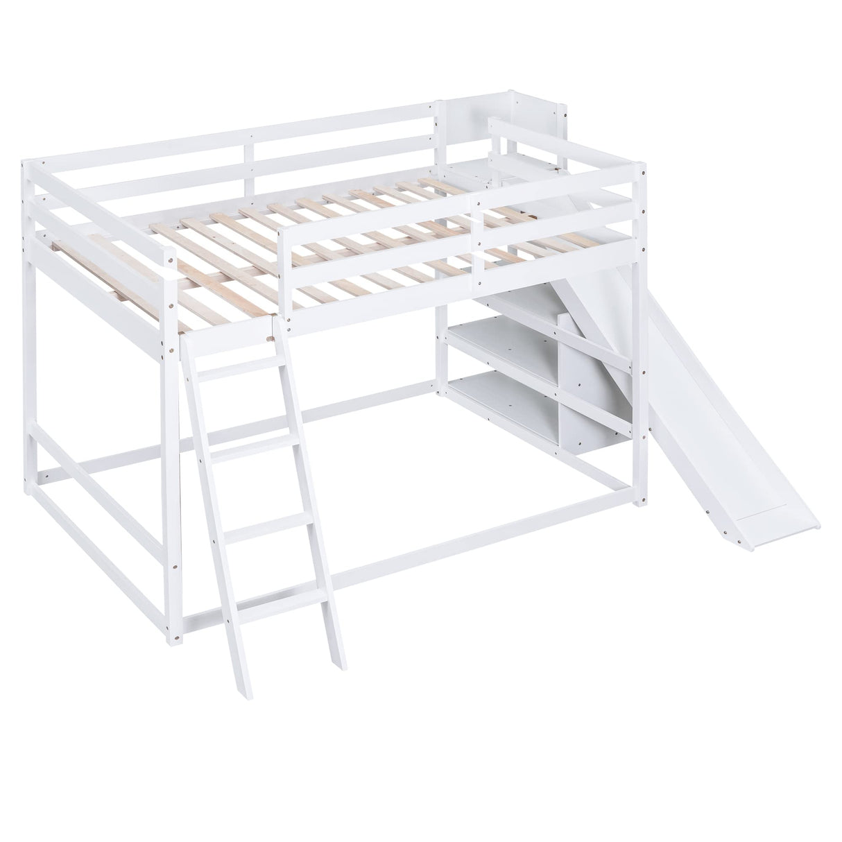 Full Over Full Bunk Beds with Slide and Storage Shelves, Wood Floor Bunk Beds Frame, Kids Bunk Bed for Bedroom, Teens Dormitory (Full Loft Bed with Slide, White) Bellemave
