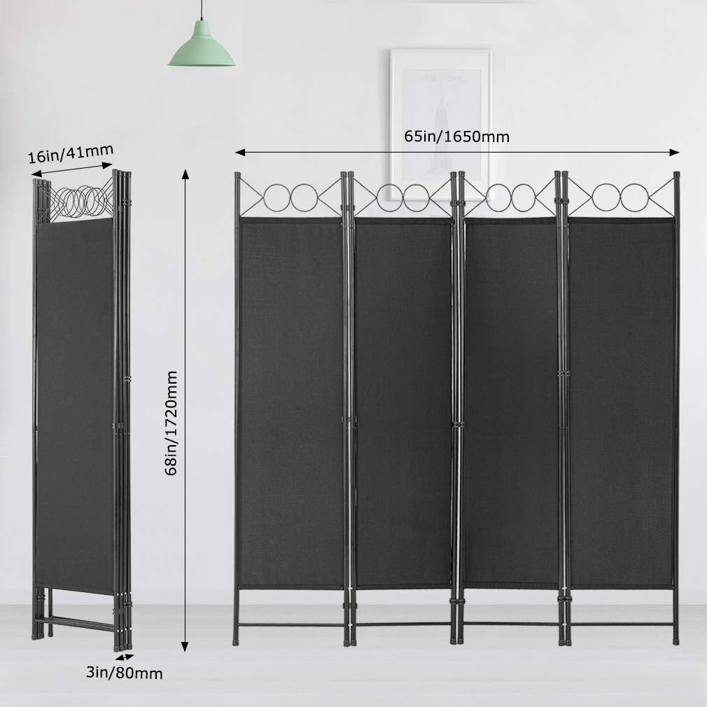 4 Panel Room Divider 6FT Steel Frame Screen Folding Privacy Divider Freestanding Partition for Home Office Bedroom (Black) PayLessHere