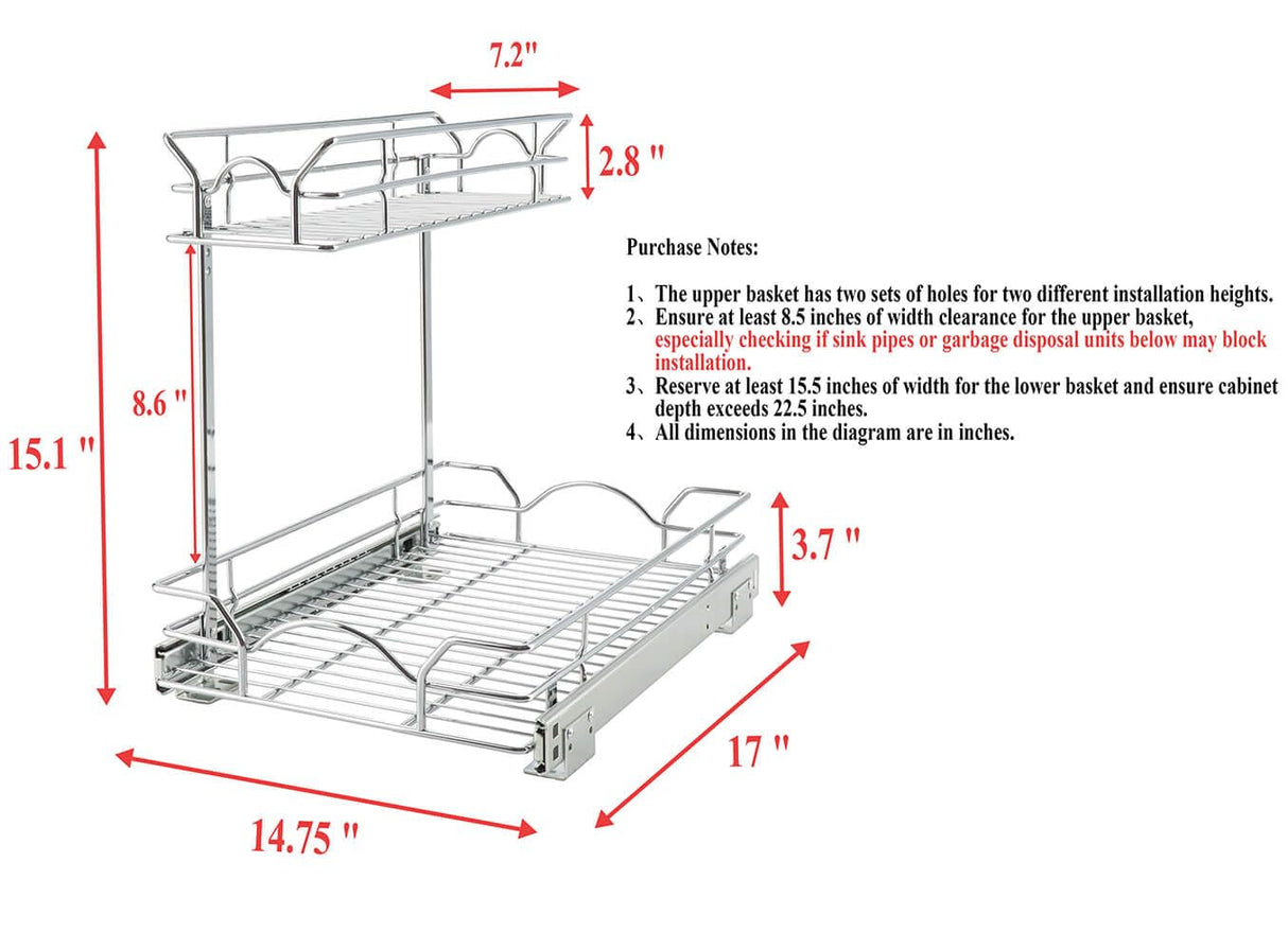 OCG Under Sink Cabinet Organizer Two Tier Pull Out Shelf (14.75W x 21D), Under Sink Sliding Shelf for Kitchen Bathroom Cabinet 2 Tier Chrome OCG