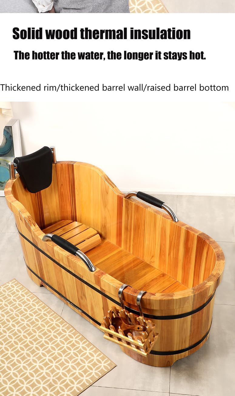 Wooden Hot Tub Bathroom Freestanding Soaking Non-Slip Bathtub Thickened Handrail Style Healthy Medicinal Bathtub For Both Adult And Child Family Members (Deluxe configuration with lid fumigation) OGOLOUG