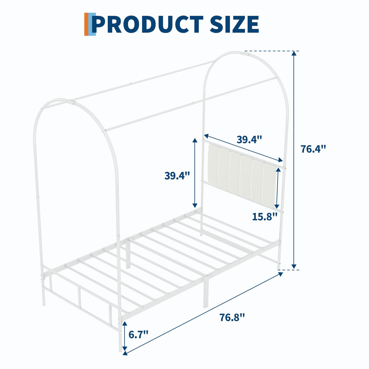 GarveeHome Twin Canopy Bed Frame with Upholstered Headboard, Noise Free Metal Canopy Bed Frame with Under-Bed Storage & Strong Slats Support, No Box Spring Needed, Easy Assembly, White GarveeHome