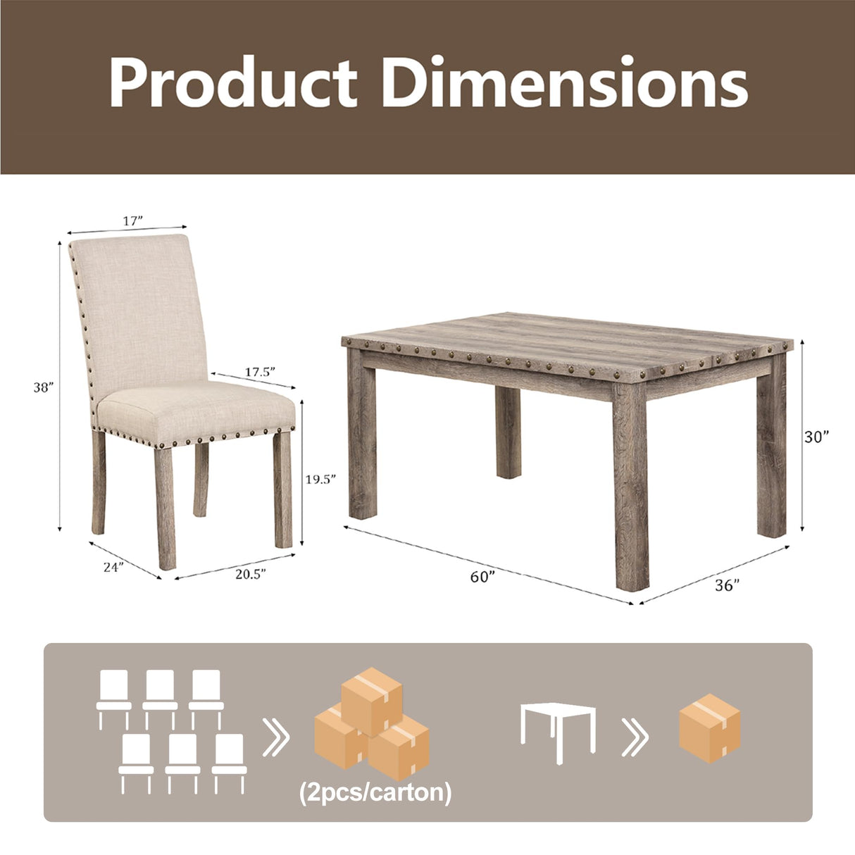 Morden Fort Rustic Dining Table Set for 6, Farmhouse Kitchen Dining Chairs for 6, Charming 60" Rectangular Wooden Table&6 Upholstered Chair with Nailhead Accents for Dining Hub,Breakfast Nook Morden Fort
