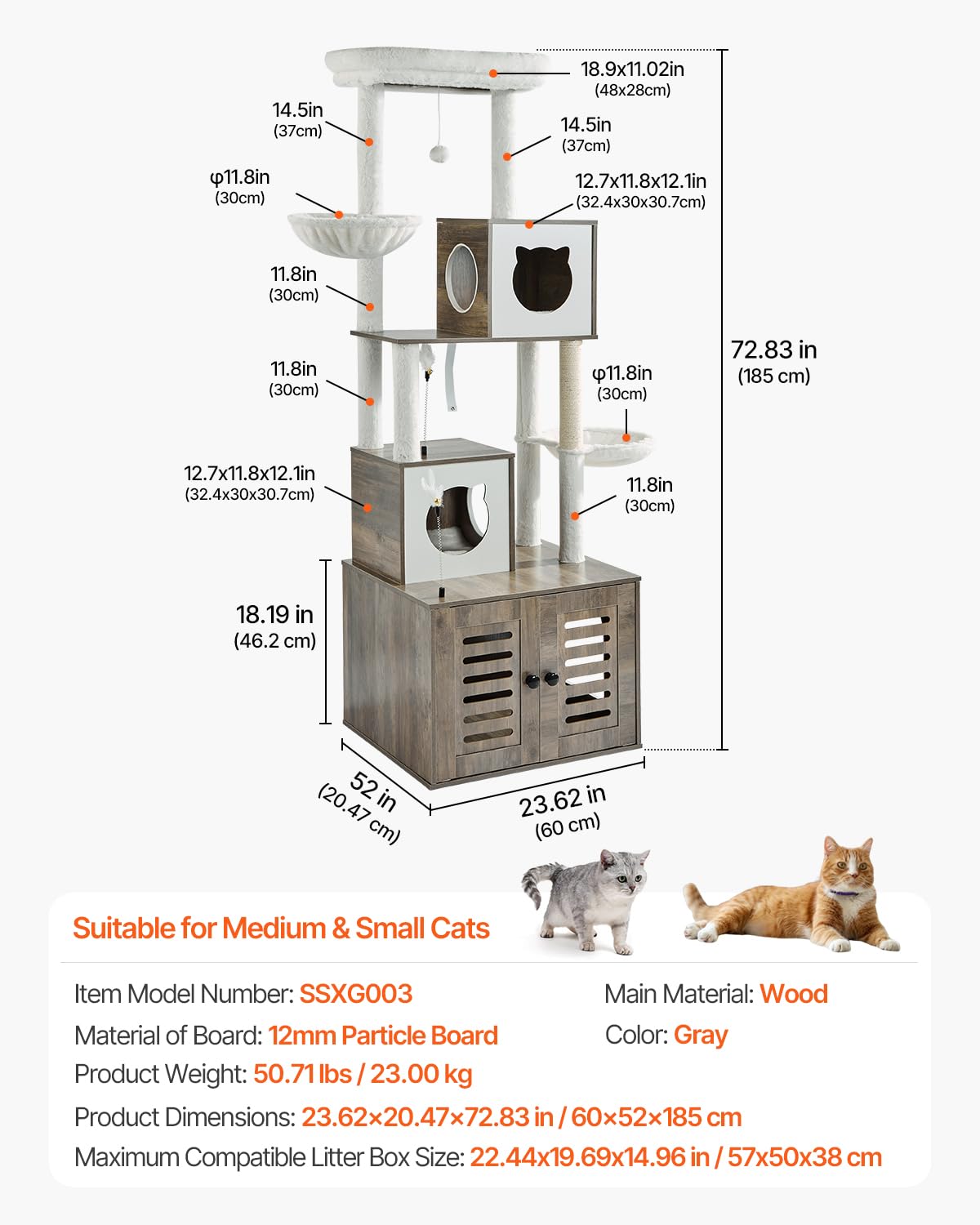 VEVOR Large Cat Tree with Litter Box Enclosure, 72.83 inches Tall, 2-in-1 Cat Tower, Multi-Level Cat Condo Furniture with Sisal Scratching Posts, Perches, Hammock, Big Kittens House for Indoor Cats VEVOR