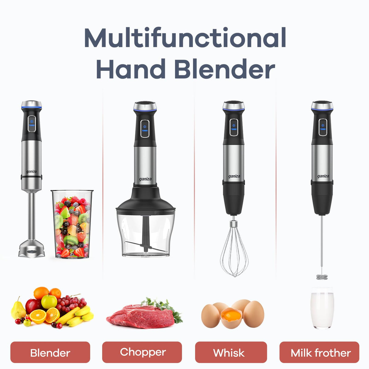 Ganiza Immersion Blender 5 in 1 Hand Blender Max 1000W Heavy Duty Motor, 16 Speed Mode Handheld Blender Stainless Steel Blade With 800ml Mixing Beaker, 600ml Chopper, Whisk and Milk Frother Ganiza
