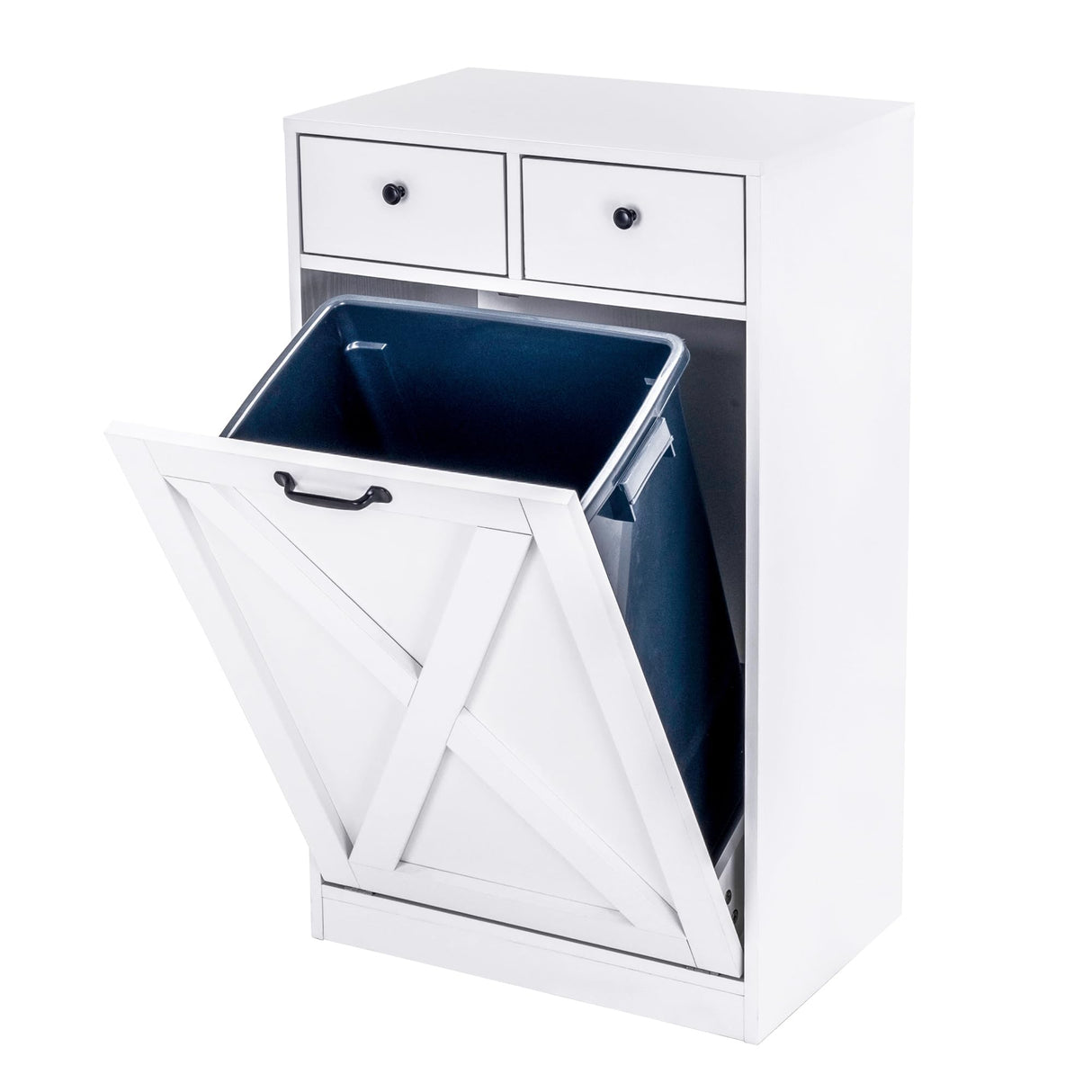 Zvyteay 13 Gallons Tilt Out Trash Can Cabinet, Wooden Trash Cabinet with 2 Drawers, Free Standing Kichen Waste Bin Recycling Cabinet Pet Proof Hidden Trash Cabinet for Kitchen (White) Zvyteay