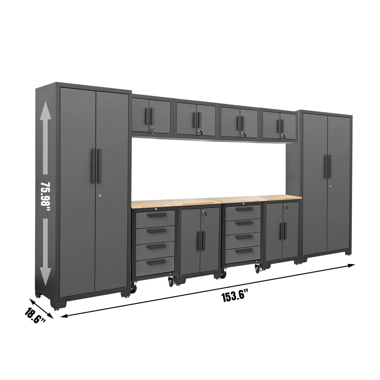 Torin 12 Piece Garage Storage Cabinet Set: Workshop Tool Organizer Chest with Lockers, Shelves and Wood Workbench, Black/Grey Torin