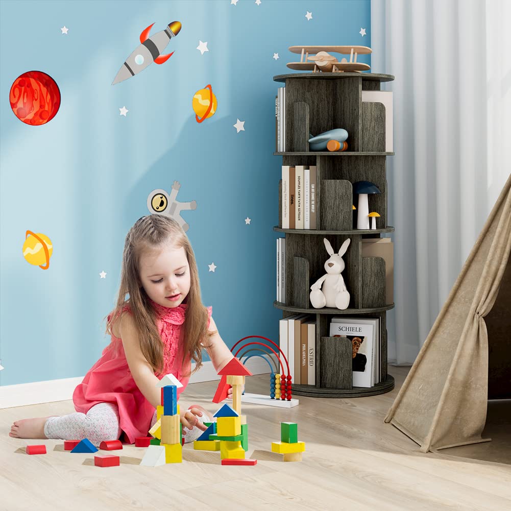 OTK 360° Rotating Bookshelf - 4 Tier Wooden Corner Bookcase in Black Oak for Small Spaces OTK