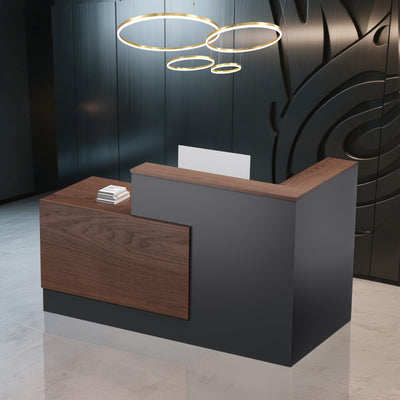 L-Shaped Large Wooden Reception Desk, Modern Front Desk Reception Counter with Lockable Drawers & Storage & Keyboard Tray, for Checkout, Lobby (Right-Walnut/Black, 71''L x 42''W x 41''H)