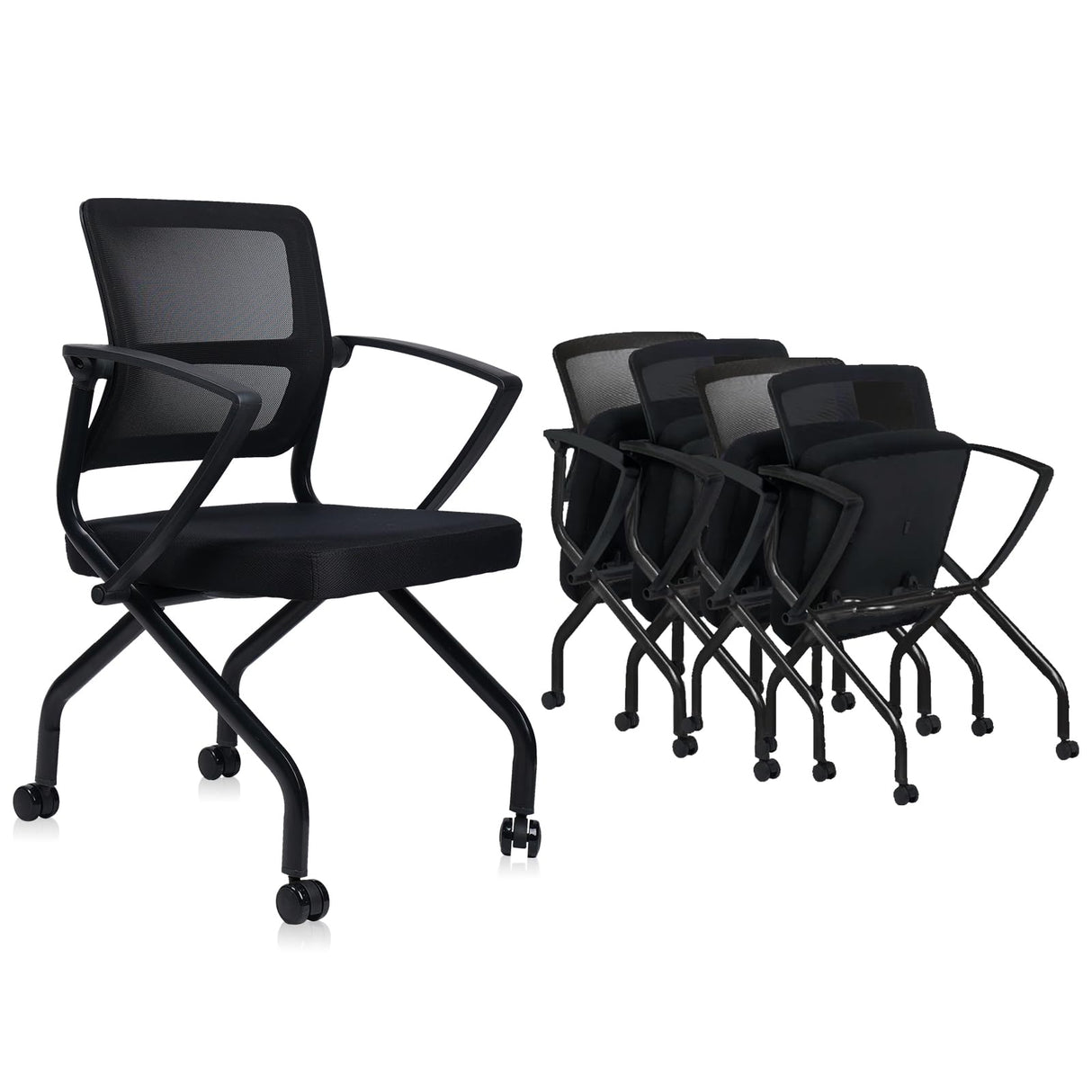 CLATINA Foldable Mesh Ergonomic Training Room Chair Guest Reception Stack Chairs with Caster Wheels and Arms for Office School Church Meeting Conference Training Waiting Room Black (Black Mesh, 1PK) CLATINA