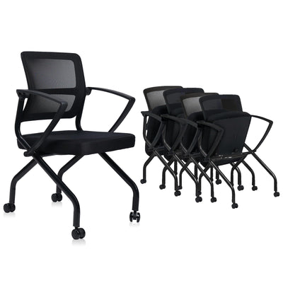 CLATINA Foldable Mesh Ergonomic Training Room Chair Guest Reception Stack Chairs with Caster Wheels and Arms for Office School Church Meeting Conference Training Waiting Room Black (Black Mesh, 1PK)