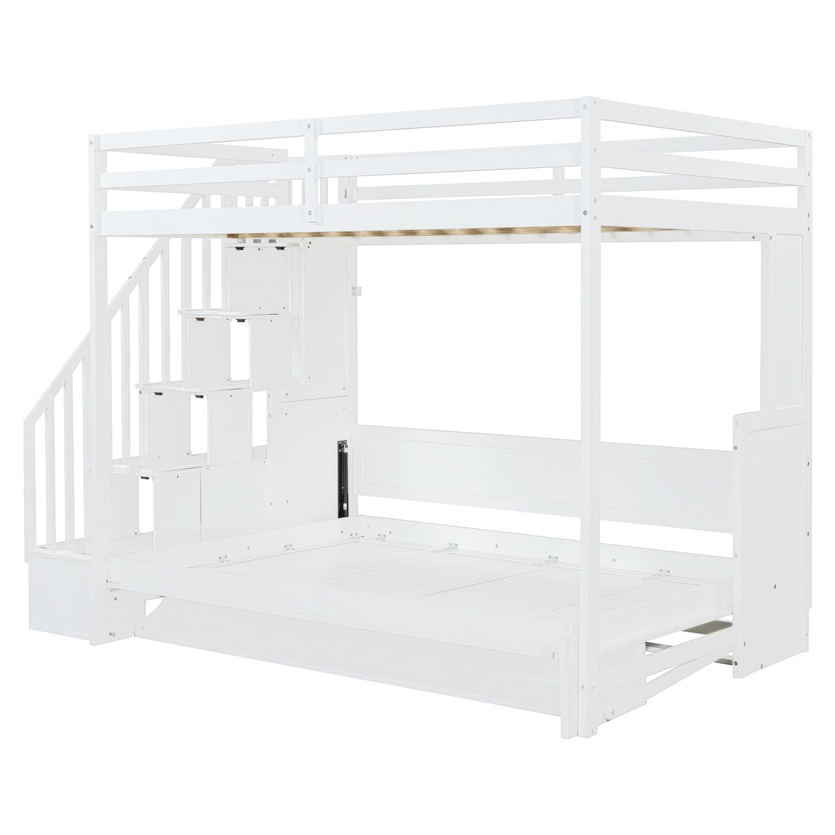 Merax Full Over Full Farmhouse Loft Bed with Murphy Cabinet Bed w/Hydraulic Lift, Solid Wood Wall Bunk Bed with Storage Staircase, Shleves & Desk/No Box Spring Needed/Easy Assemble/White Merax