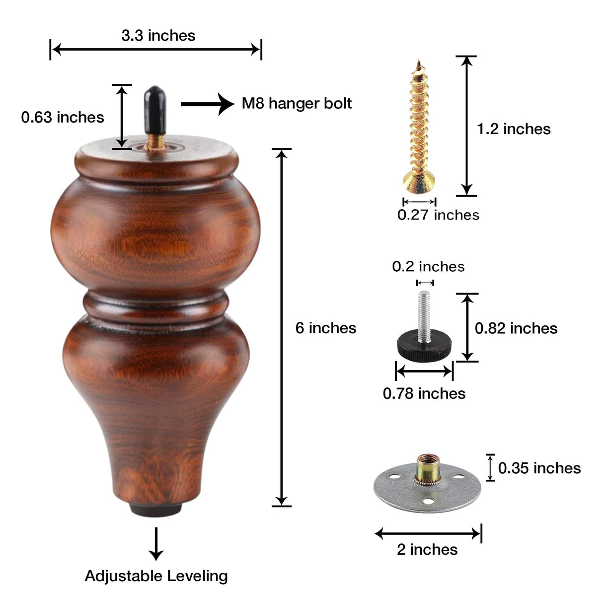 Wood Furniture Legs 6 inch - Sofa Legs Set of 4 Replacement Couch Legs - Round Furniture Feet Replacement for Legs for Furniture - Sofa Legs, Chair, Dresser, Ottoman, Coffee Table, Cabinet, Etc. Brown ALAMHI