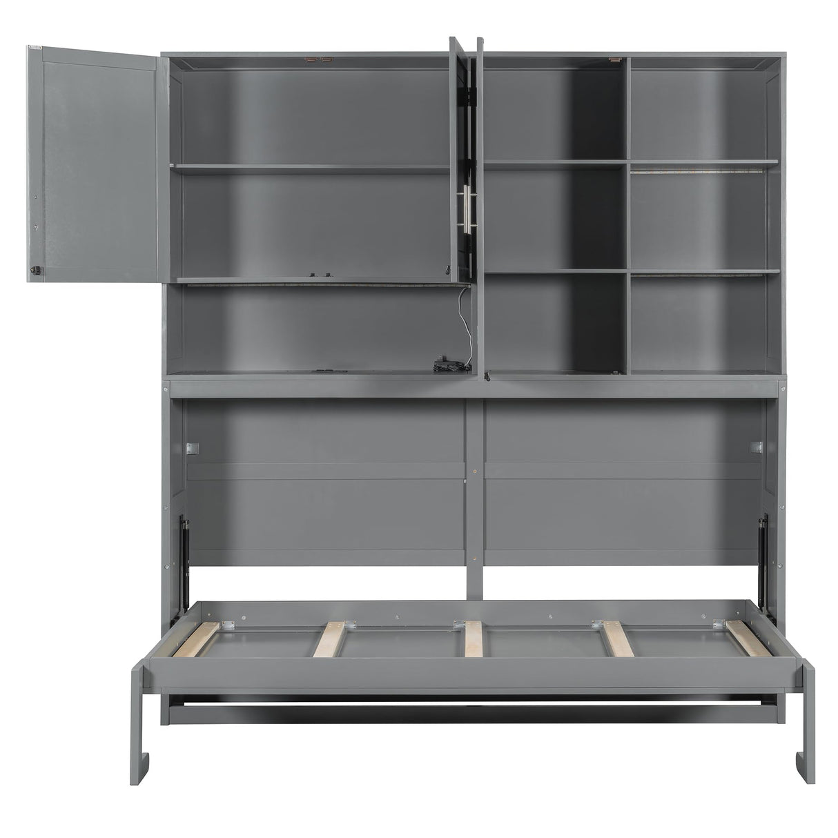 SOFTSEA Twin Horizontal Murphy Bed with Storage Shelves, Foldable Wall Bed with LED Light & Charging Stations, Space-Saving for Living Room, Guest Room, Bedroom, Office, Grey SOFTSEA