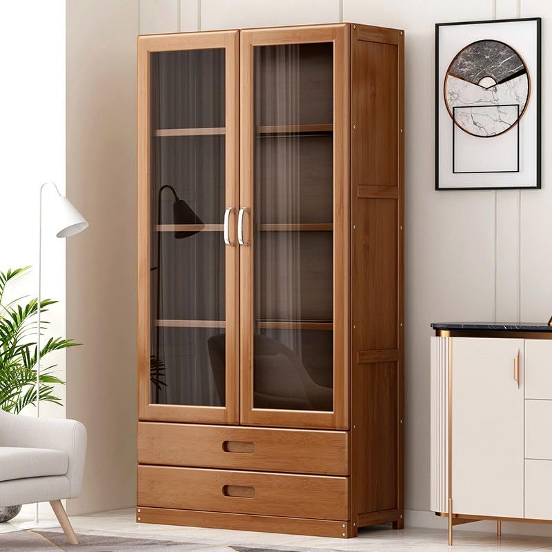 LITFAD Modern 4-Tier Bamboo Bookcase with Glass Doors and 2 Drawers LITFAD