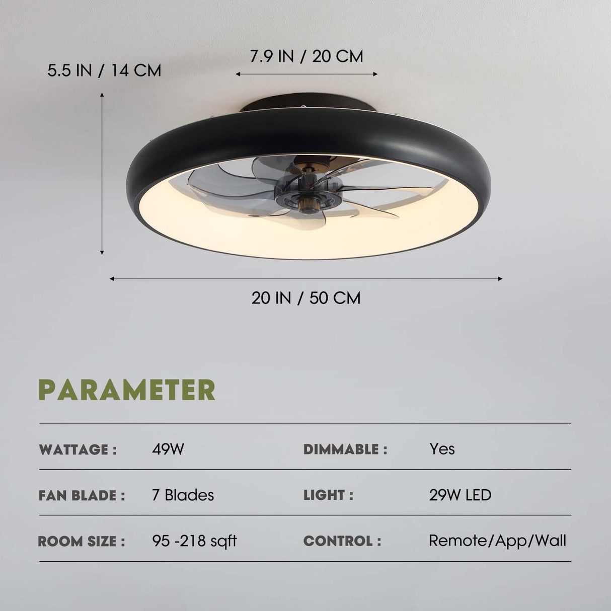 LUDOMIDE Ceiling Fans with Lights, 20" Flush Mount Ceiling Fan with Remote & APP Control, Black Low Profile Ceiling Fan with 6 Wind Speeds, Smart Dimmable LED Ceiling Fan for Bedroom, Living Room LUDOMIDE