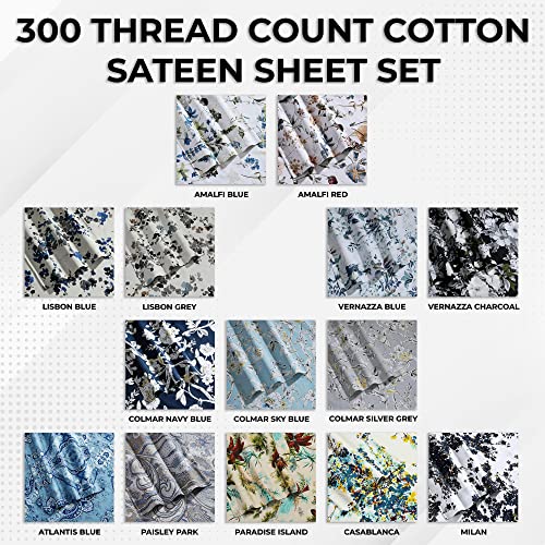 Tribeca Living Deep Pocket Queen Size Sheet Set - 300 Thread Count Cotton Sateen Sheets with 22-Inch Extra Deep Pockets, Oeko-Tex Certified, 4 Bedding Set in Casablanca Multi Print Tribeca Living