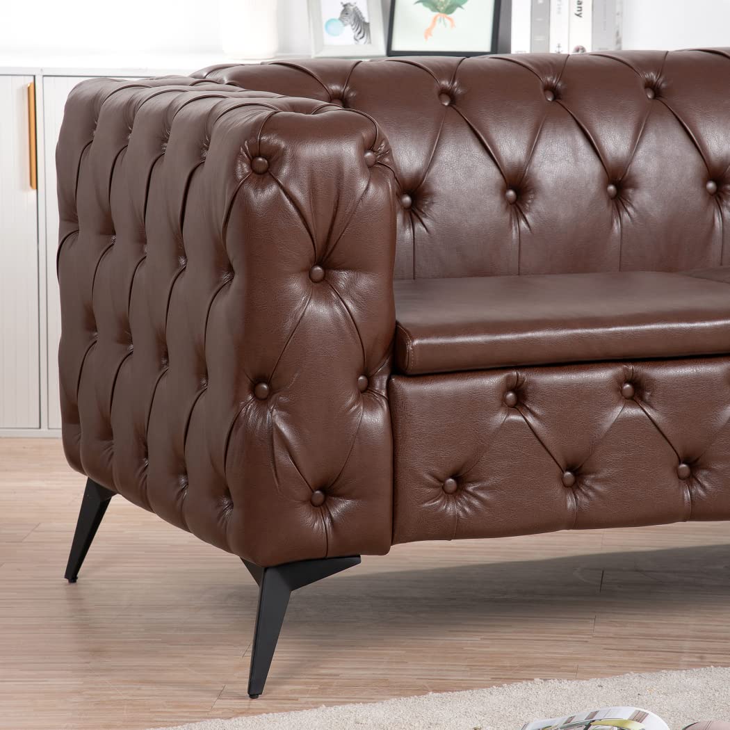 84" Chesterfield Couch PU Leather, Traditional Square Arm Removable Cushion 3 Seater Sofa, Tufted Button Trim with Iron Legs for Living Room Office (Dark Brown) Yuxuanhang