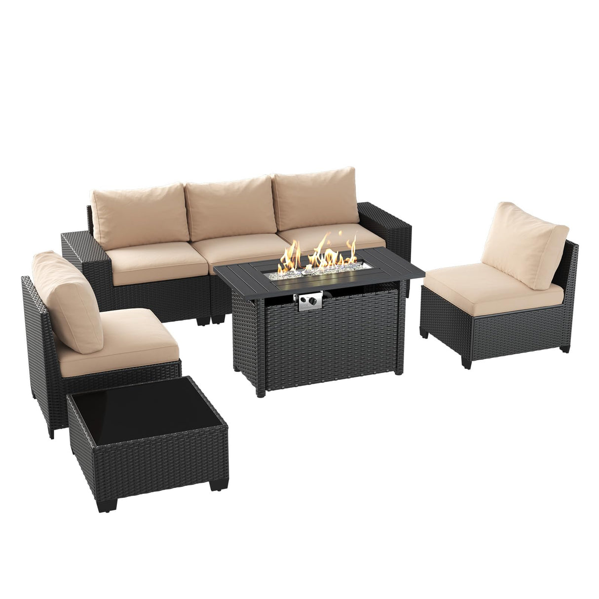 Aoxun Patio Furniture Set with 44'' Fire Pit Table, 7 Pcs Outdoor Patio Furniture Sets with 4in Thicken Cushion, Widen Armrests Wicker Outdoor Sectional for Backyard Aoxun