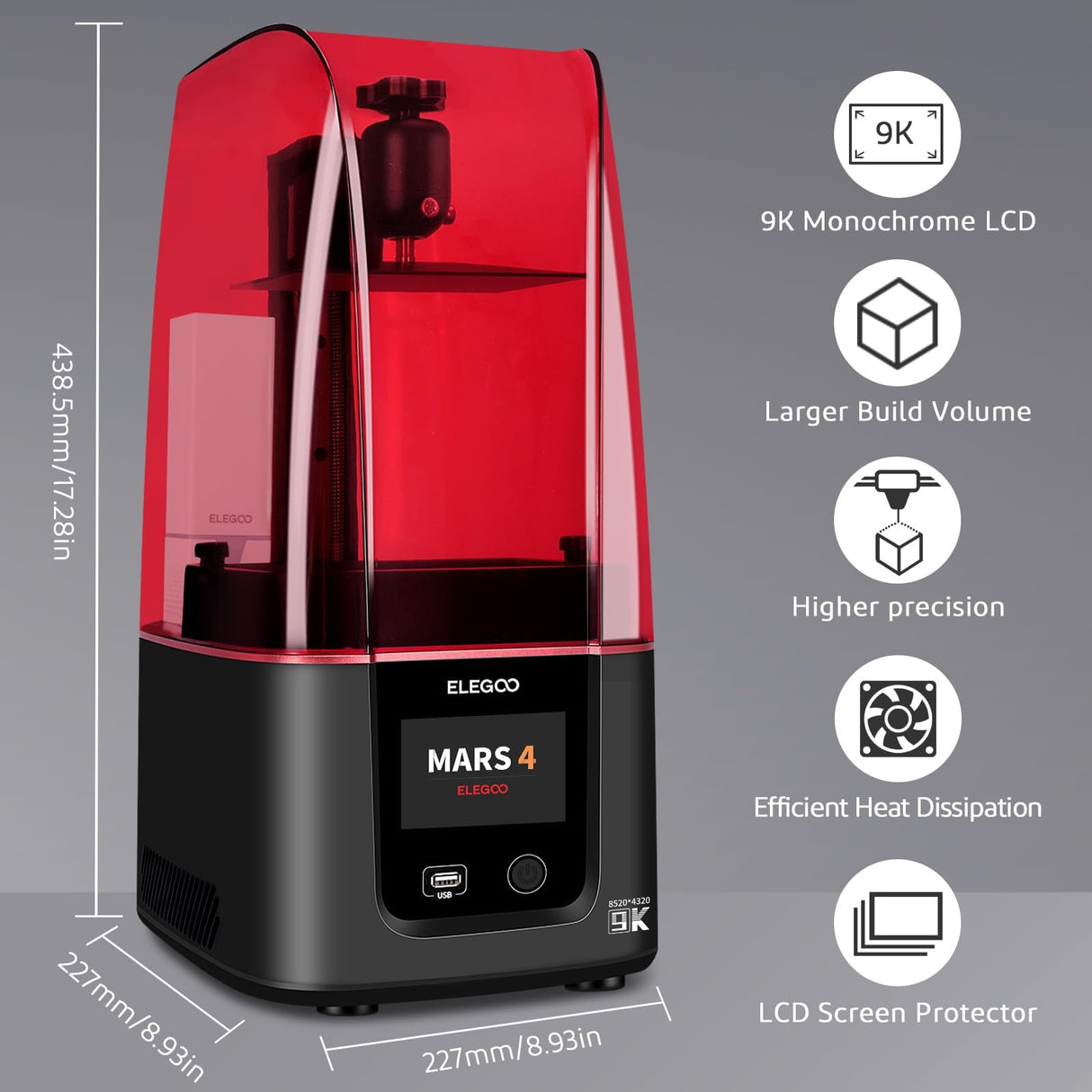 ELEGOO Mars 4 MSLA Resin 3D Printer with 7-Inch 9K Monochrome LCD, Original Air Purifier and Voxeldance Tango Slicing Software, Printing Size of 6.04x3.06x6.89 Inches ELEGOO