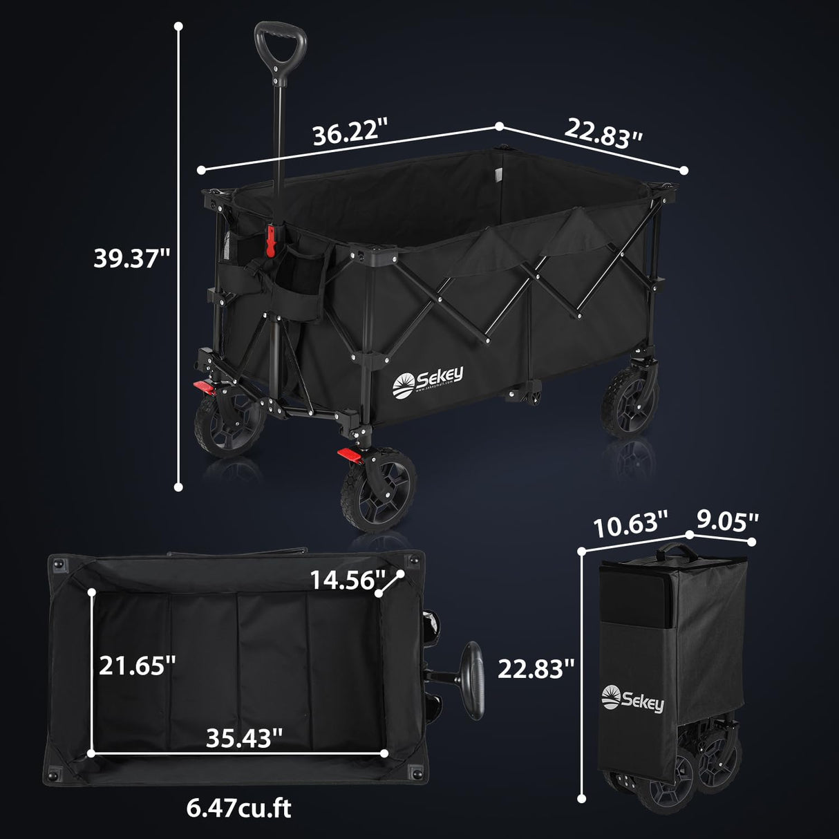 Sekey 220L Collapsible Foldable Wagon with 330lbs Weight Capacity, Heavy Duty Folding Wagon Cart with Big All-Terrain Wheels & Drink Holders (Black) Sekey