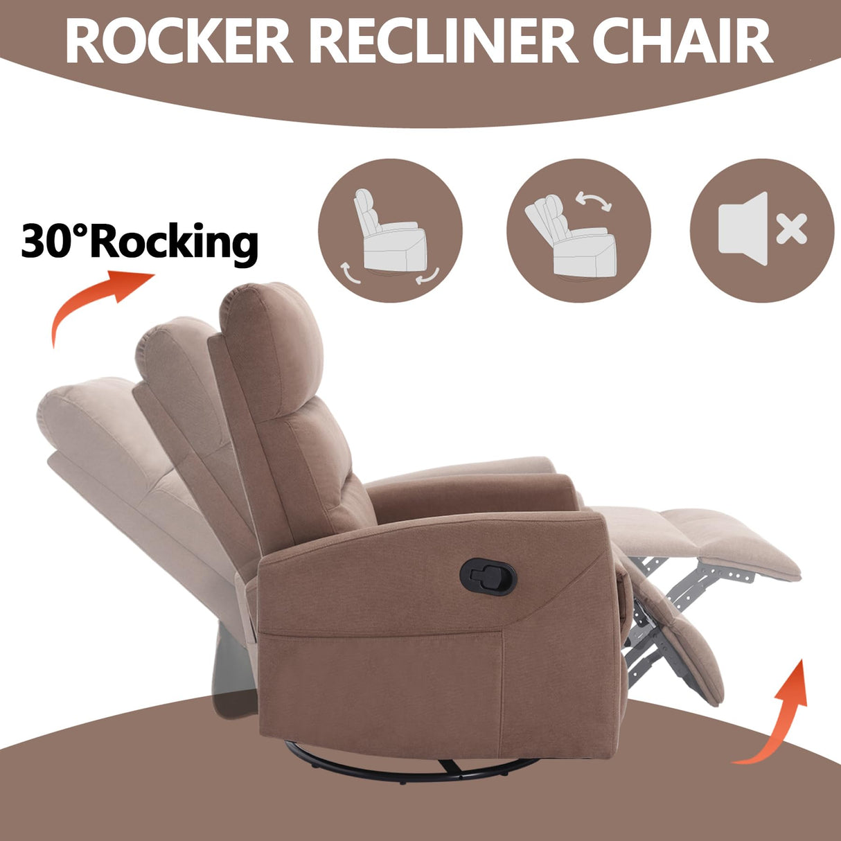Slim Lazy Boy Recliners for for Adults, Swivel Rocking Chair Recliner with High Back, Small Recliner Chair for Small Spaces, Manual Reclining Chair for Living Room, Adjustable Footrest (Brown) Thctvous
