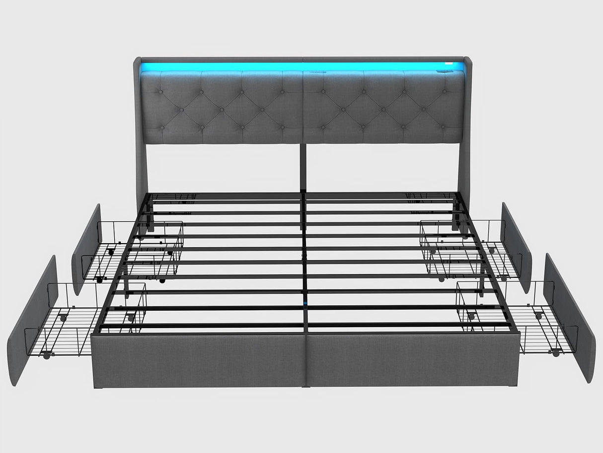SADENICEL King Size Bed Frame with Storage Headboard, Metal Platform Bed Frame King with 4 Drawer, LED Light, Charging Station, No Box Spring Needed, Noise Free, Easy Assembly, Grey SADENICEL