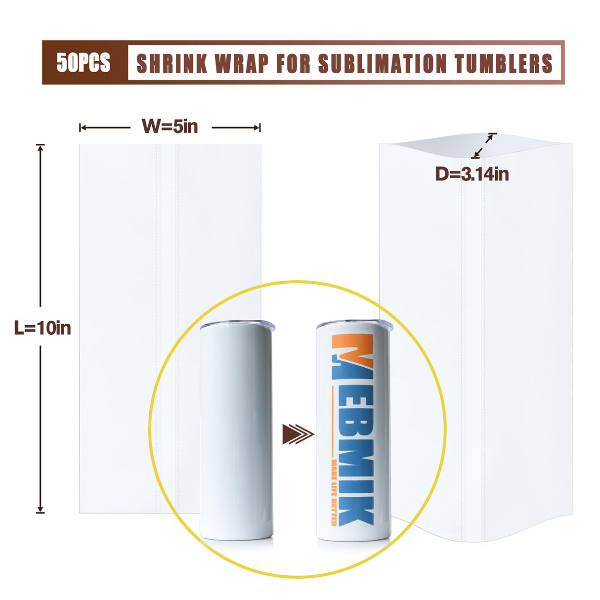 MEBMIK 2 Rolls 10mm x 33m(108ft) Heat Transfer Tape and 50pcs 5 x 10in Shrink Wrap for Sublimation Tumblers,Heat Resistant Tape,Sublimation Shrink Wrap Sleeves,Tumbler Shrink Wrap,20oz MEBMIK
