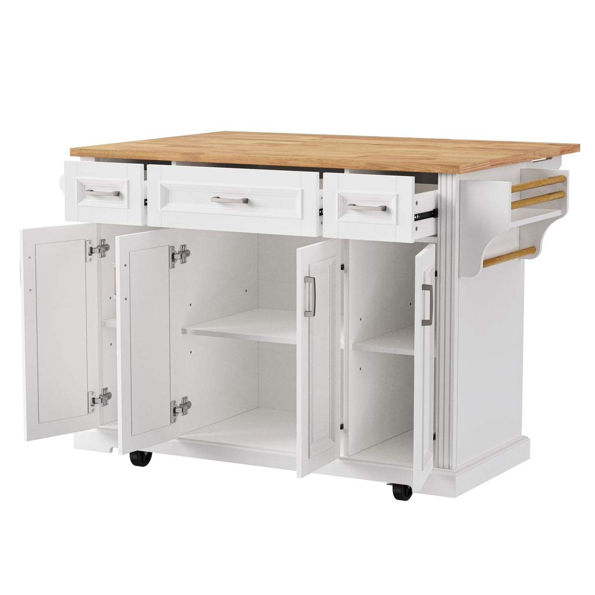 54" Large Kitchen Island with Rubber Wood Drop Leaf, Rolling Kitchen Cart with Ample Storage on 4 Wheels with 4 Doors and 3 Drawers, Moveable Island Table with Embossed Texture for Dining Room MEETFAV