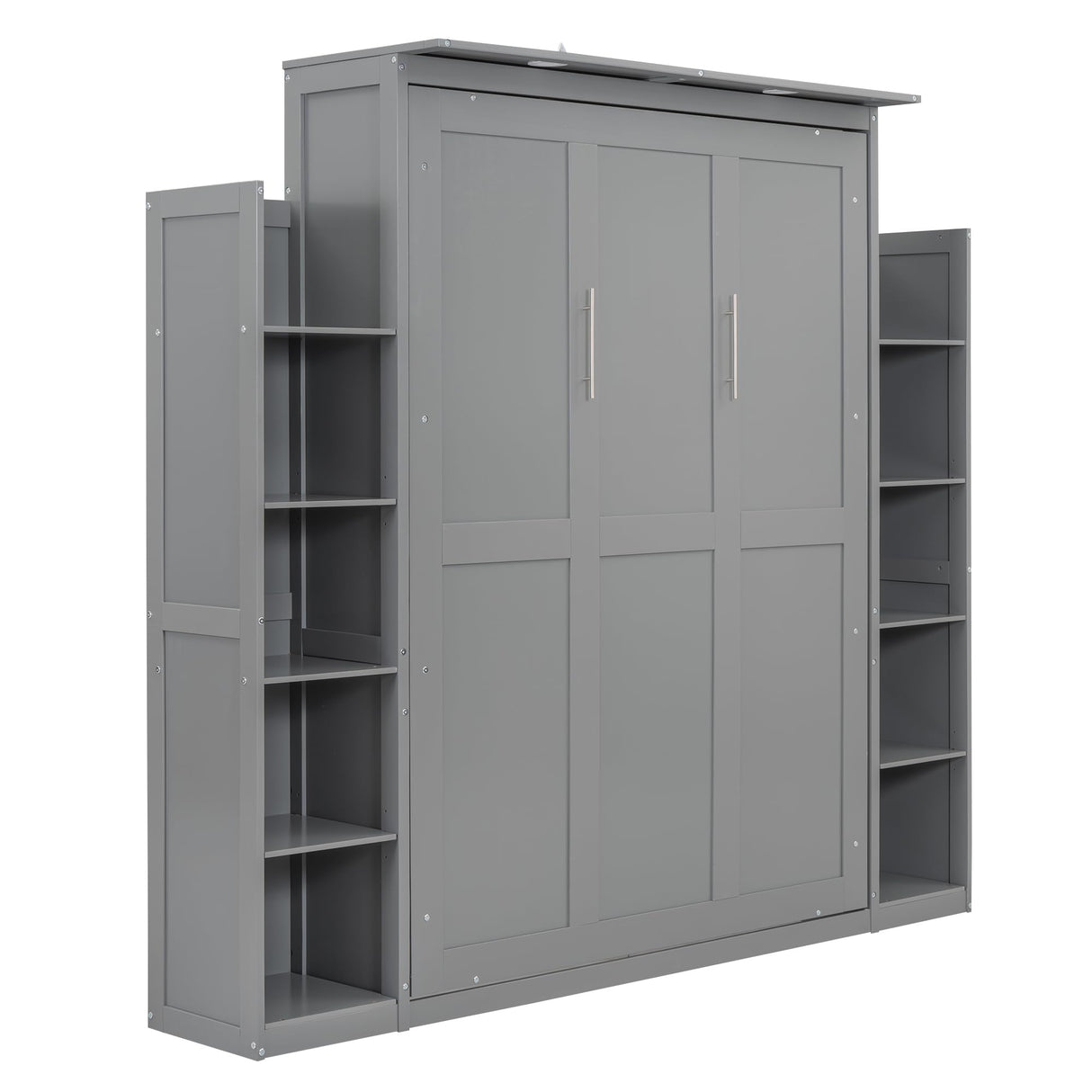 Merax Full Size Murphy Bed, Wooden Full Wall Bed with Shelves and LED Lights, Gray Merax