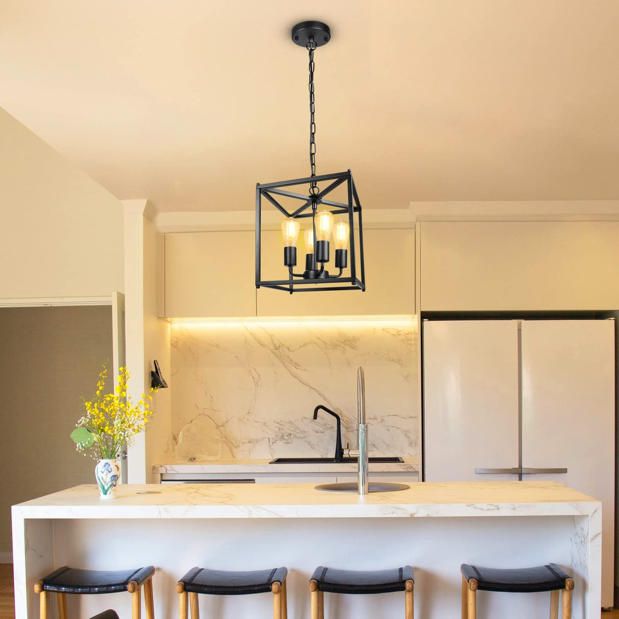 Unicozin 4-Light Black Farmhouse Chandelier, Iron Lantern Pendant Light Rustic Cage Adjustable Height, E26 Base Industrial Hanging Lights for Kitchen Island Dining Room Hallway Foyer Entryway Unicozin