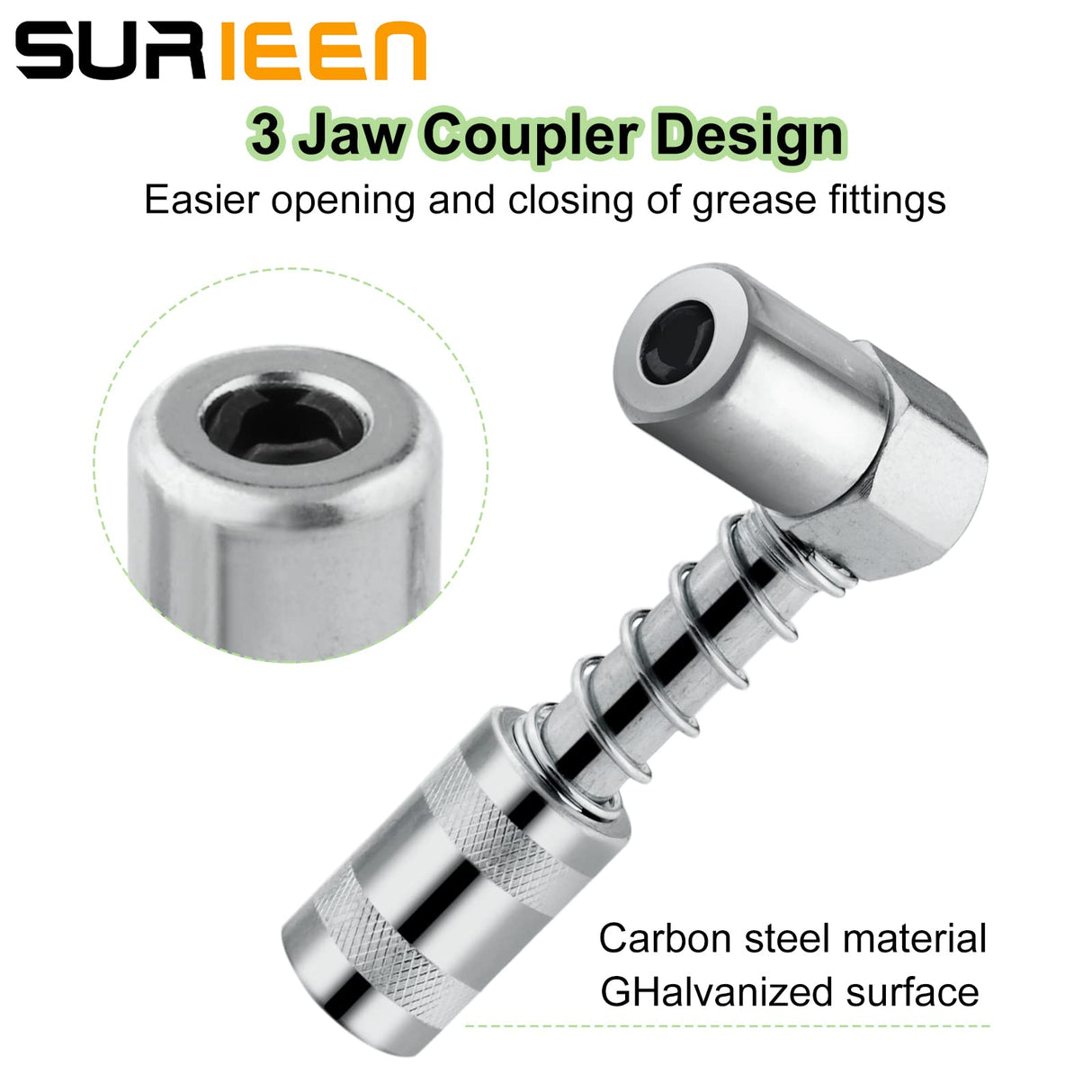 SURIEEN 90 Degree Grease Coupler Adapter with Sleeves, 3 Jaw Angle Grease Fitting Tool, 90 Degree Grease Gun Coupler Snaps onto Grease Fittings in Tight Spaces for Auto, Farm, Truck - 4 Pieces SURIEEN