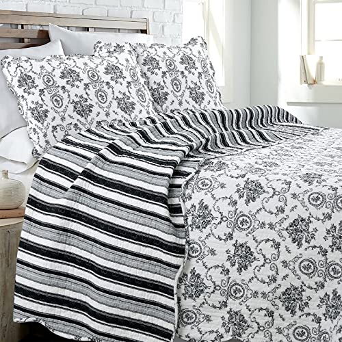 Cozy Line Home Fashions French Medallion Black White Grey Rose Flower Pattern Printed 100% Cotton Bedding Quilt Set Reversible Coverlet Bedspread (Black White, Queen - 3 Piece) Cozy Line Home Fashions