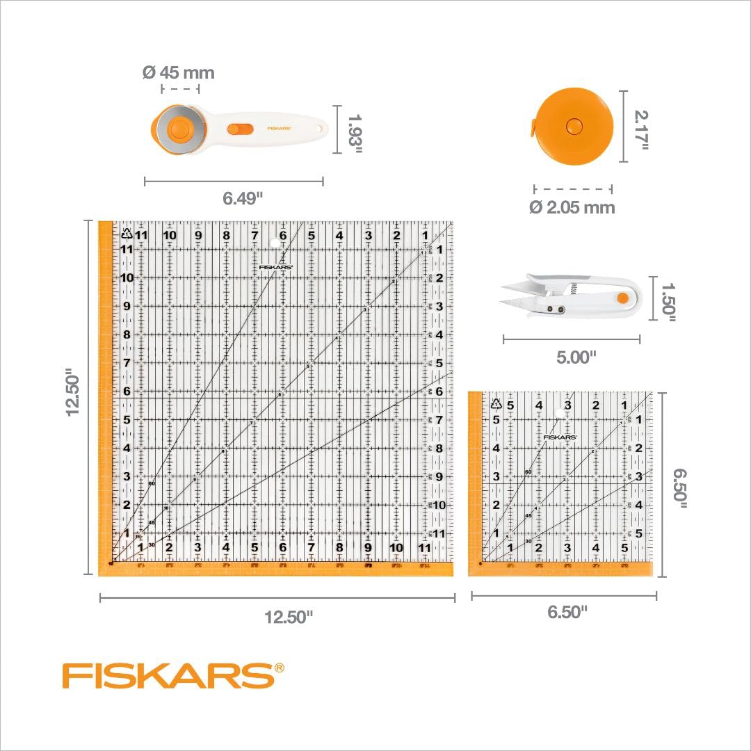 Fiskars Crafts Essentials 5-Piece Set - 45mm Blade Rotary Cutter for Fabric, Self Healing Cutting Mat, and Sewing Ruler - Craft Supplies - White/Gray Fiskars